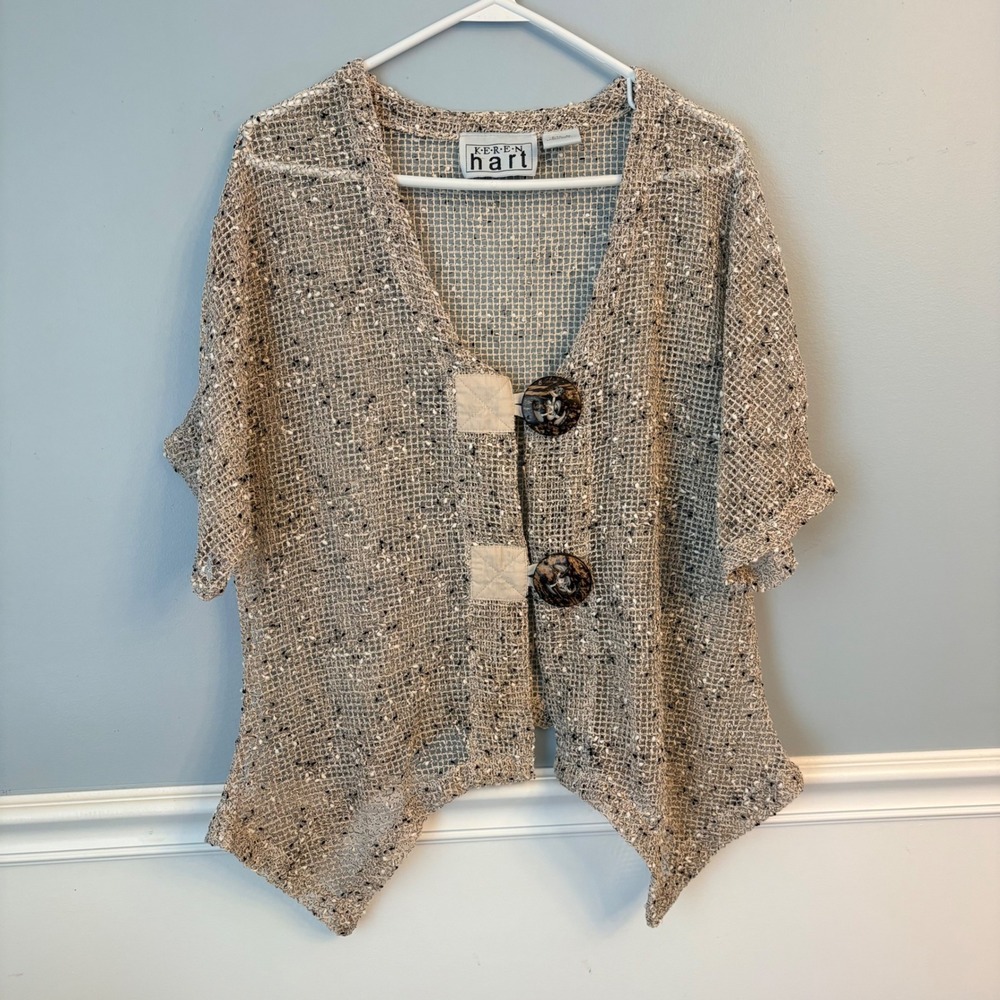 Keren Hart Tan Open Knit Mesh Cardigan Short Sleeve Top Boho Lagenlook Medium
